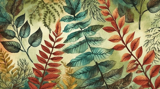 植物无缝背景摄影照片_秋天五颜六色的蕨叶植物园花卉叶子无缝背景图案织物壁纸打印纹理背景纹理包装图案边
