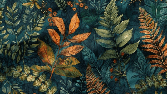 秋天五颜六色的蕨叶植物园花卉叶子无缝背景图案织物壁纸打印纹理背景纹理包装图案边