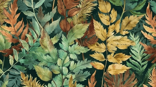 水彩绿色水彩叶子摄影照片_秋天五颜六色的蕨叶植物园花卉叶子无缝背景图案织物壁纸打印纹理背景纹理包装图案边