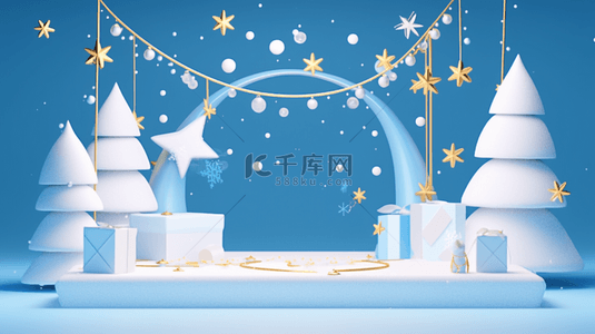 圣诞节挂背景图片_蓝色3D圣诞节圣诞树电商促销展台