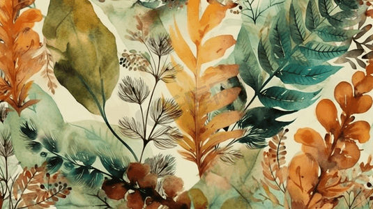 树叶水彩摄影照片_秋天五颜六色的蕨叶植物园花卉叶子无缝背景图案织物壁纸打印纹理背景纹理包装图案边