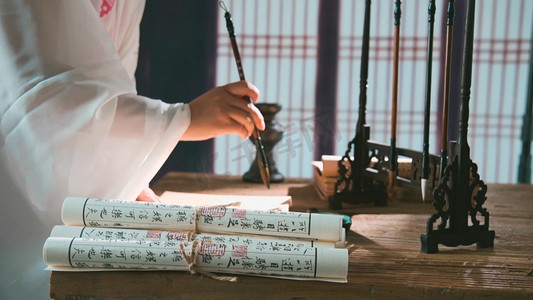 天津书法字体摄影照片_古风意境古人书法写字慢镜头实拍1080
