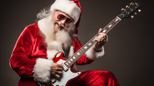 音乐圣诞老人摄影照片_弹吉他的圣诞老人