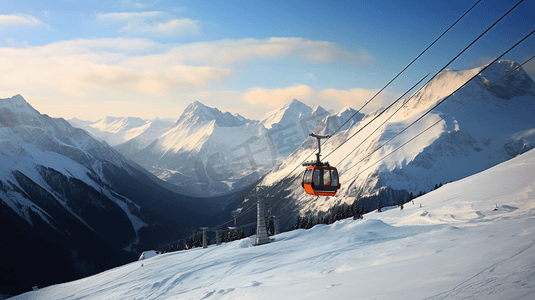 冬日雪地滑雪场缆车