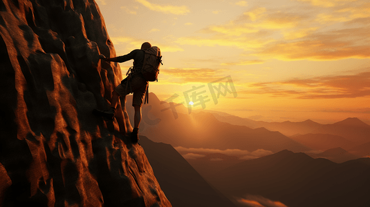 励志登山摄影照片_商务企业文化夕阳中勇敢无畏的攀登者