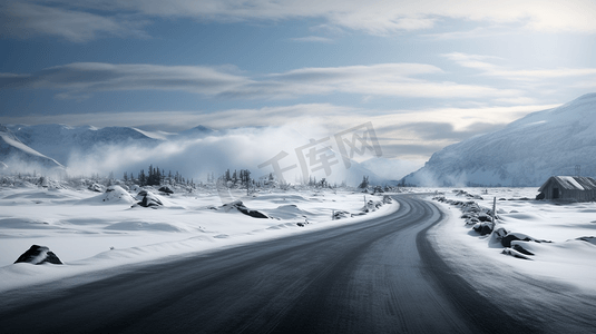 冬日白雪覆盖的公路和群山