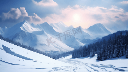 群山摄影照片_冬日白雪覆盖的公路和群山