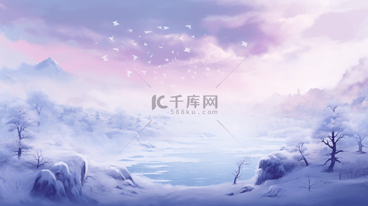 冬天紫色背景图片_蓝紫色清新宁静冬季雪山松树背景