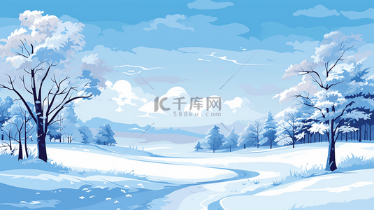 手绘冬天棉衣背景图片_蓝色冬天风景雪树风景背景