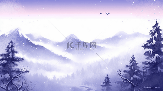 清新雪山背景图片_蓝紫色清新宁静冬季雪山松树背景