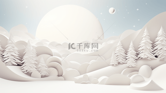 白色圣诞节剪纸风简约冬季雪景背景11