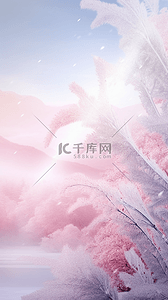 冬天冬季粉色芦苇花上的雾凇冰晶背景