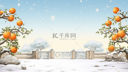 冬季柿子树风景雪景插画10