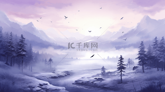 冬季蓝背景图片_蓝紫色清新宁静冬季雪山松树背景