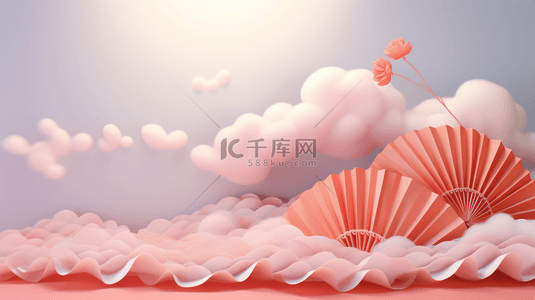 c4d古典背景图片_C4D祥云纸扇装饰春节背景1