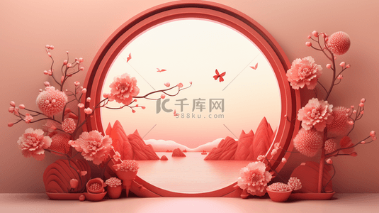 古典窗户背景图片_春节古典圆窗鲜花装饰C4D背景16