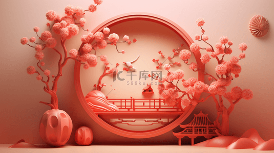 春节古典圆窗鲜花装饰C4D背景5