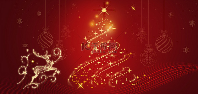 红色圣诞背景图片_圣诞节麋鹿红色圣诞树节日背景