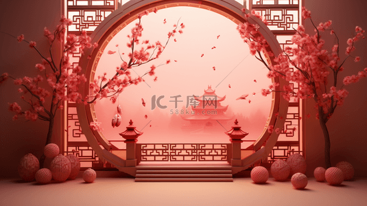 窗花窗花背景图片_春节古典圆窗鲜花装饰C4D背景11