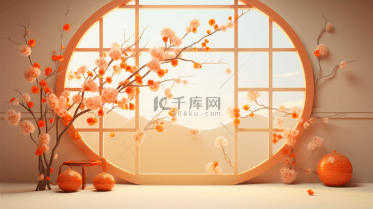 c4d古典背景图片_春节古典圆窗鲜花装饰C4D背景14