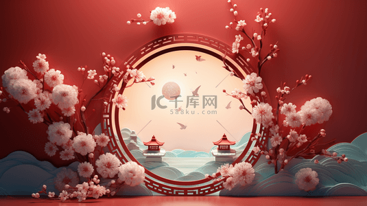 春节古典圆窗鲜花装饰C4D背景8