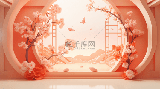 桃花窗户背景图片_春节古典圆窗鲜花装饰C4D背景1