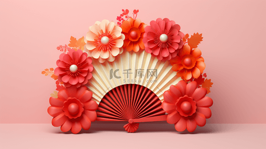 C4D纸扇花朵装饰春节背景11