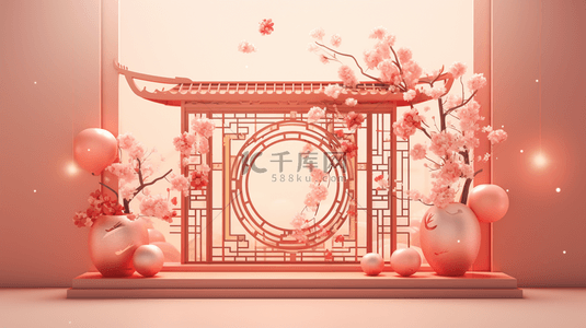 春节背景窗户背景图片_春节古典窗户鲜花装饰C4D背景6