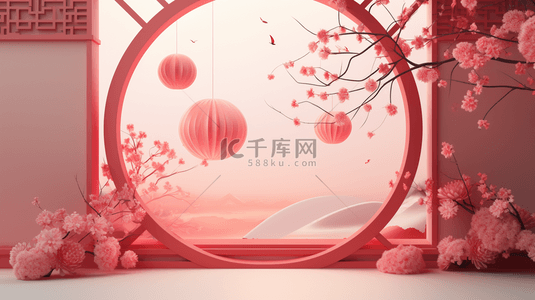 桃花窗户背景图片_春节古典圆窗鲜花装饰C4D背景13