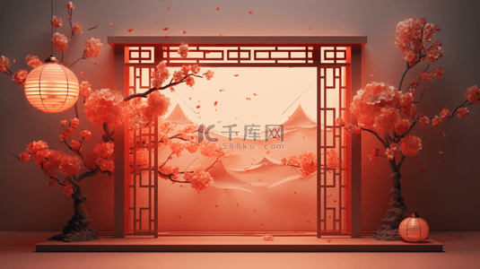 窗户背景图片_春节古典窗户鲜花装饰C4D背景5