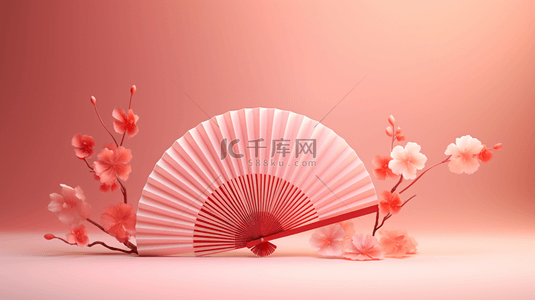 书法作品背景图片_C4D纸扇花朵装饰春节背景10
