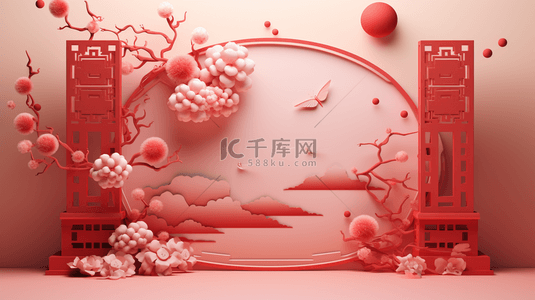 桃花窗户背景图片_春节古典圆窗鲜花装饰C4D背景19