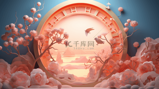 桃花窗户背景图片_春节古典圆窗鲜花装饰C4D背景2