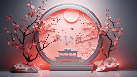 圆形窗花背景图片_春节古典圆窗鲜花装饰C4D背景4