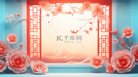 古典桃花背景图片_春节古典窗户鲜花装饰C4D背景3