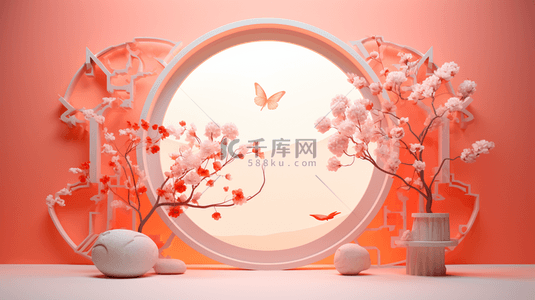 圆形窗花背景图片_春节古典圆窗鲜花装饰C4D背景10