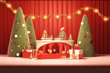 红色圣诞海报背景背景图片_3d展台背景礼盒圣诞节松树