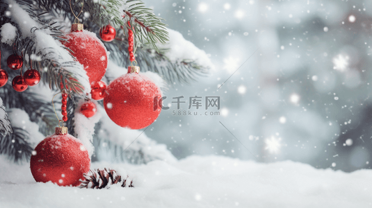雪地红色圣诞球唯美背景2