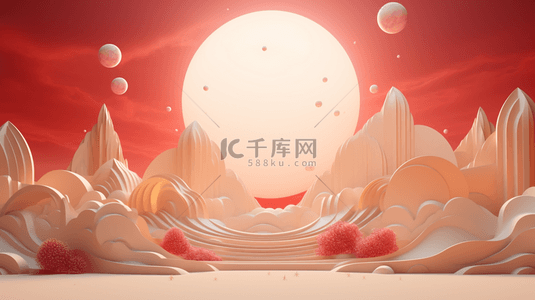 中国风山水红色背景图片_红色中国风山水风景背景4