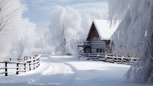迎战风雪摄影照片_冬日雪地中的木屋