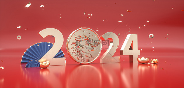算盘元宝铜钱背景图片_C4D龙年新年龙头红色质感纹理背景场景
