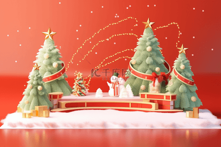红色圣诞雪花背景背景图片_圣诞节3d展台礼盒背景松树