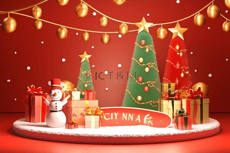 红色背景不规则背景图片_圣诞节背景3d展台礼盒松树