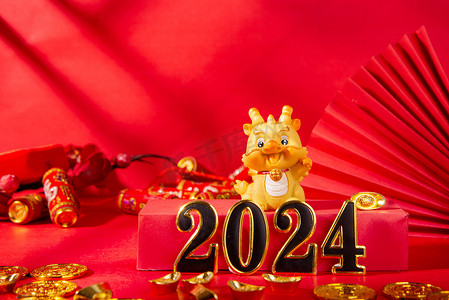 中国年春节2024红色背景摆放摄影图配图