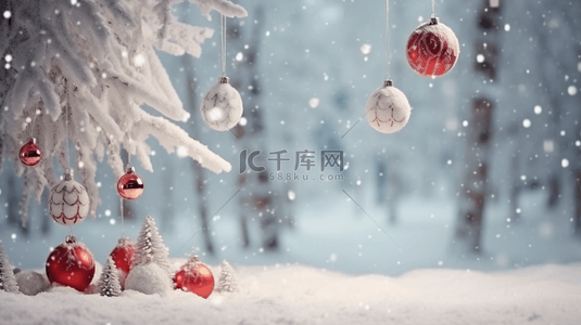喜庆礼物节日背景图片_雪地红色圣诞球唯美背景25