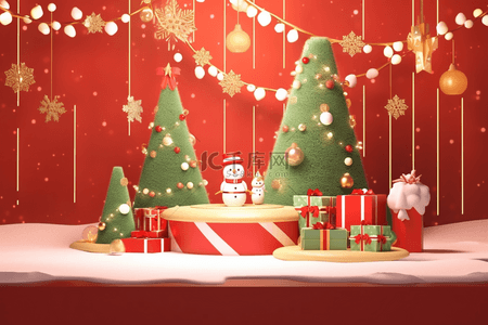 不规则绿色背景背景图片_圣诞节3d展台礼盒松树背景
