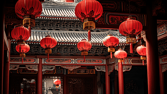 中国年红灯笼摄影照片_中国年装饰的红灯笼