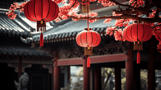 中国年红灯笼摄影照片_中国年装饰的红灯笼