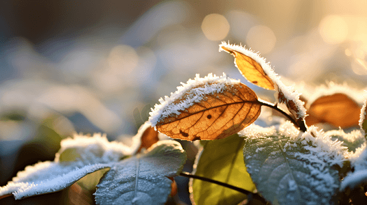 冬天叶子摄影照片_上霜的叶子特写摄影
