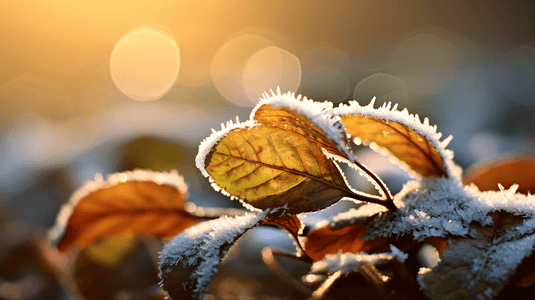 冬天叶子摄影照片_上霜的叶子特写摄影